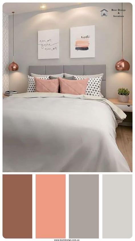 Gray Combination Color Bedroom, Grey Bedroom Combinations, Gray Room Color Scheme, Color Scheme For Small Bedroom, Gray Color Bedroom Ideas, Peach Gray And White Bedroom, Pink And Grey Master Room, Grey Bed Colour Schemes, Bedroom With Gray Walls Ideas