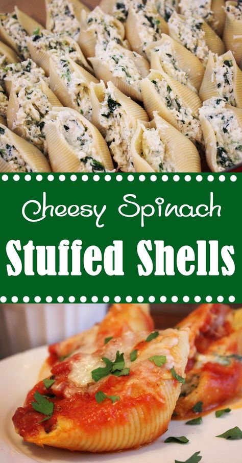 Cheesy Spinach Stuffed Shells Stuffed Shells Beef, Shells Stuffed, Chicken Stuffed Shells, Spinach Stuffed Shells, Stuffed Shells Ricotta, Cheesy Spinach, Shells Recipe, Soup Appetizers, Recipe Beef