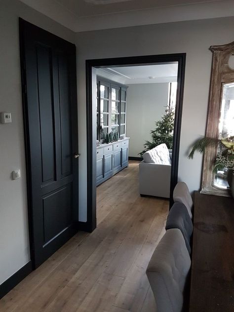 Black Doors Living Room, Grey With Black Trim Living Rooms, Black Painted Interior Doors And Trim, Dark Gray Baseboards, Black Door Living Room, Grey Walls With Black Trim Living Room, Black Floor Boards, Grey Walls And Black Trim, Black Door Grey Walls