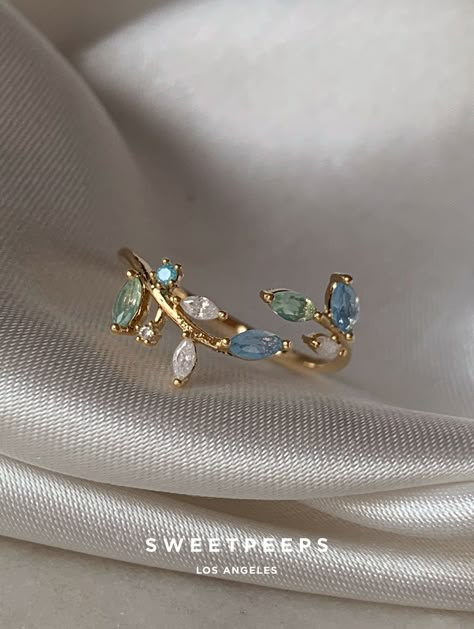 Midnight Blue Leaf Ring Blue And Gold Rings, Korean Rings, Classy Rings, Blue Wedding Jewelry, Womens Rings, Dainty Rings, Pretty Jewelry Necklaces, Blue Ring, Classy Jewelry