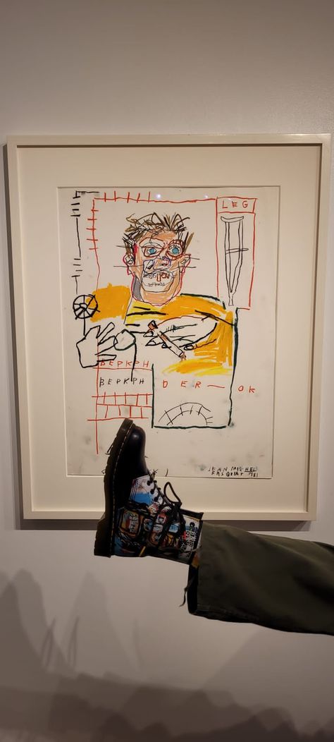 a basquiat painting with someone's foot on front of the painting and on the foot is a dr. martens shoe with a basquiat painting on it Jan Michael Basquiat, Jean-michel Basquiat Paintings, Michael Basquiat, Basquiat Paintings, Museum Aesthetic, Michel Basquiat, Jean Michel Basquiat, Jean Michel, Shoe Inspo