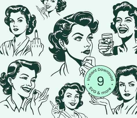 Vintage Style Illustration, Vintage Women Illustration, Vintage Woman Illustration, Women Emotions, 50s Art, Vintage Clipart, Retro Housewife, Face Illustration, Silhouette Illustration