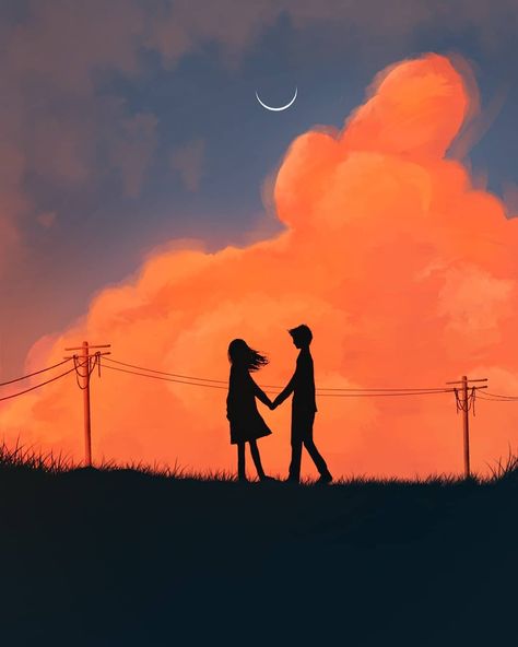 Sunset Scenery Drawing, Draw Sunset, Sunset Drawing, Drawing Sunset, Sunset Scenery, Scenery Drawing, Love Cartoon Couple, Couple Sketch, Couple Silhouette