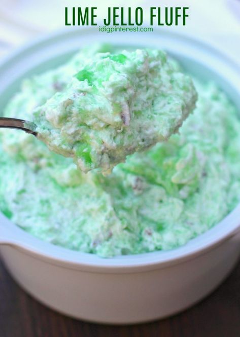 Lime Jello Fluff - I Dig Pinterest Lime Jello Fluff, Lime Jello Recipes, Jello Fluff, Jello Pudding Desserts, Green Jello Salad, Dessert Salad Recipes, Lime Jello Salads, Jello Mold Recipes, Congealed Salad