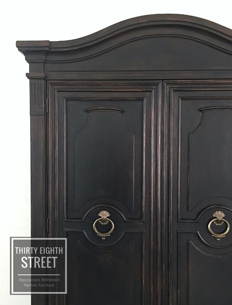 Black Chalk Painted Furniture, Distressed Armoire, Black Chalk Paint Furniture, Before And After Furniture, Armoire Painted, Furniture Remodel, Chalk Painted Furniture, Black Painted Furniture, Rustic Farmhouse Furniture