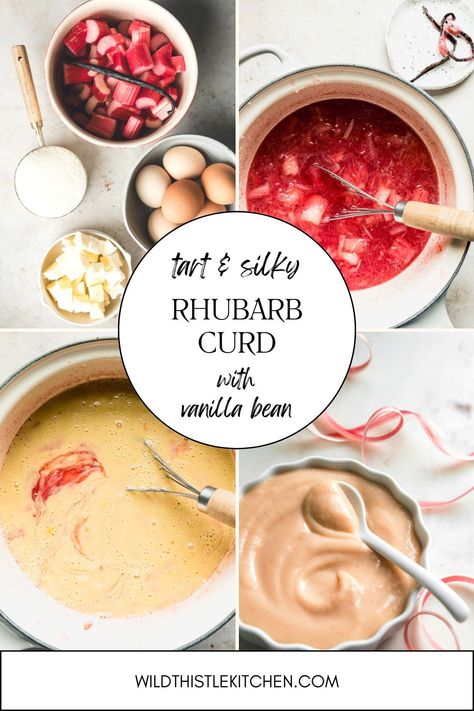 This silky, luscious, tart Rhubarb Curd might just be my favorite way to use rhubarb. It is simple to prepare, uses whole eggs (so no leftover whites!), and is just the prettiest pale peachy color. Serve it on scones, pancakes, or toast - or just eat it straight up because it is that good! #rhubarbcurd #rhubarbrecipes #lemonrhubarbcurd Rhubarb Curd, Rhubarb Scones, Rhubarb Chutney, Lemon Bars Easy, Chocolate Scones, Strawberry Powder, Curd Recipe, Shortbread Crust, Vanilla Cake Recipe