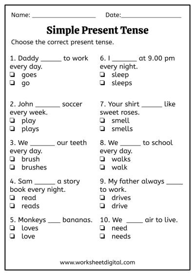 Grade 3 English, Simple Present Tense Worksheets, Grade 2 English, Easy English Grammar, Cloze Passages, Tenses Chart, English Grammar Test, English Tenses, Nouns And Pronouns