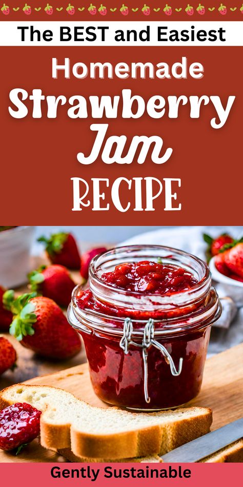 If you're looking for an easy Strawberry Jam Recipe that tastes amazing, this is it! Even if you're a new canner, this recipe is so doable and your family will LOVE it! #strawberryjamrecipe #strawberrypreservesrecipe #strawberryjam #strawberrypreserves #easystrawberryjam #easystrawberrypreserves #easystrawberryjamrecipe #canning #easycanningrecipes #easyjamrecipes #prepper #homemadestrawberryjam Strawberry Jam Recipe Canning, Canning Strawberry Jam, Easy Strawberry Jam Recipe, Freezing Peaches, Homestead Pantry, Homestead Food, Homesteading Inspiration, Canning Potatoes, Easy Strawberry Jam