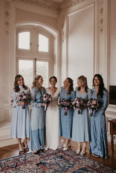 Parisian Countryside, Women Standing, Wedding Lookbook, Bridesmaid Inspiration, Mismatched Bridesmaids, Dusky Blue, Countryside Wedding, Breathtaking Wedding, Bridesmaid Style