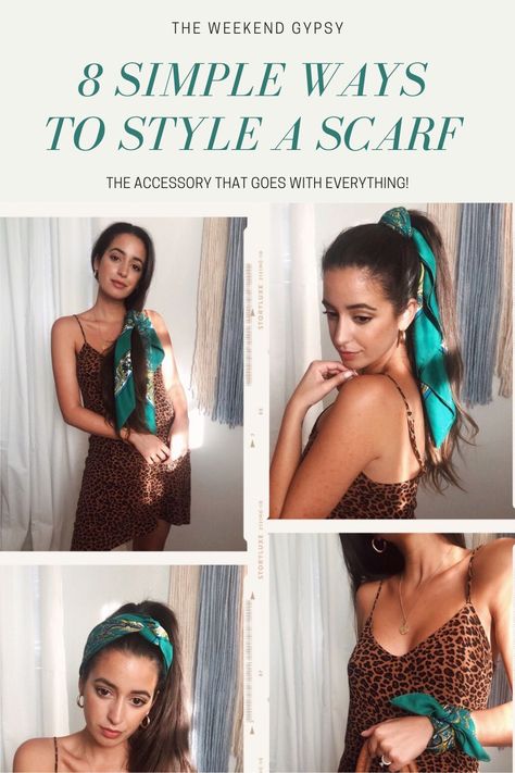 Taking one square scarf and styling it in 8 different ways. Maximize your closet by getting creative with your accessories Colorful Headbands Outfit, Ways To Style A Scarf, Style A Scarf, Beach Bun, Colorful Headbands, Hair To One Side, Jewelry Scarves, Headband Outfit, Small Scarf