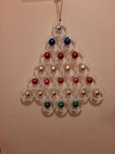 Christmas Tree Made From Shower Curtain Rings, Shower Curtain Ring Christmas Tree, Shower Ring Christmas Tree, Shower Curtain Rings Crafts, Curtain Rings Crafts, Ribbon Angels, Cane Decorations, Christmas Candy Cane Decorations, Tree Curtains