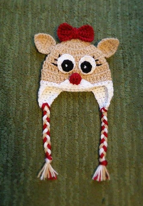 TwoPrincesShop Lady Rudolph hat Crochet Reindeer Hat, Crochet Rudolph, Crochet Reindeer, Crochet Character Hats, Crochet Animal Hats, Crochet Christmas Hats, Reindeer Hat, Crochet Deer, Crochet Kids Hats