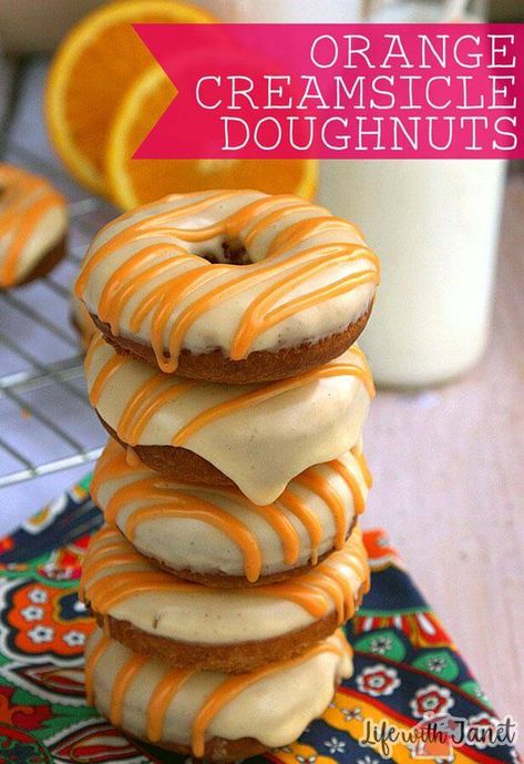 Orange Creamsicle Cake Doughnuts Orange Creamsicle Cake, Creamsicle Cake, Cake Doughnuts, Donut Flavors, Donuts Donuts, Homemade Donuts Recipe, Homemade Doughnuts, Baked Donut Recipes, Glazed Donuts