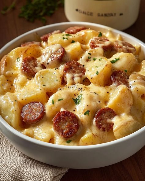 "🍴 Cheesy Ranch Potatoes and Sausage 🧀 ARE YOU READY TO DIVE INTO THIS HEARTY DELIGHT? A perfect dish for those busy weeknights when you want something both satisfying and easy to whip up! 🍽️ Ingredients 🍽️ - 1 lb smoked sausage, sliced - 2 lbs potatoes, diced - 1 packet ranch dressing mix - 1 cup shredded cheddar cheese - 1/2 cup milk - 1/4 cup butter, melted - Salt and pepper to taste 🧑‍🍳 Directions 🧑‍🍳 1. Preheat your oven to 375°F (190°C). 2. In a large mixing bowl, combine the diced ... Sausage Potatoes And Cheese, Cheese Potato And Smoked Sausage Casserole, Saucy One Pan Sausage And Potatoes, Sausage Potato Garlic Pan, Sausage Link And Potatoes, Potatoes And Sausage, Cheesy Ranch Potatoes, Cheesy Ranch, Ranch Potatoes