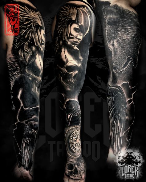 Norse Theme Tattoo, Viking Themed Tattoo, Viking Theme Tattoo, Nordic Sleeve Tattoo, Nordic Tattoo Sleeve, Theme Tattoo Sleeve, Nordic Tattoos, Art Viking, Realistic Tattoo Sleeve