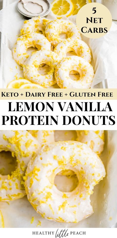 Lemon Vanilla Protein Donuts with Glaze {KETO,GF, DF} - Healthy Little Peach Dairy Free Donuts, Protein Donuts Recipe, Protein Sweets, Fit Meals, Protein Donuts, Keto Donuts, Healthy Donuts, Keto Baking, Protein Baking