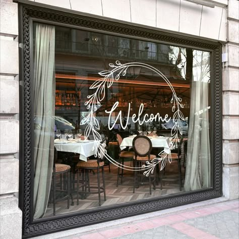 Window Marketing, Spring Welcome Sign, Front Entrance Decor, Wreath Window, Store Front Windows, Cafe Exterior, Shop Vinyl, Shop Window Stickers, Front Shop