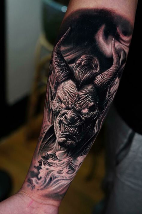 Satanic Tattoo Design, Satanic Tattoos, Zeus Tattoo, Mother Nature Tattoos, Evil Tattoo, Skull Sleeve Tattoos, Evil Tattoos, Devil Tattoo, Demon Tattoo