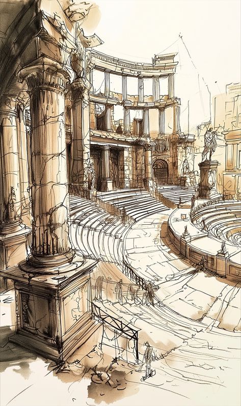 Roman Structures Ancient Rome, Ancient Structures Architecture, Ancient Rome Art Drawing, Roman Modern Architecture, Roman Civilization Art, Ancient Roman Buildings, Ancient Architecture Sketch, Roman Buildings Drawings, Roman Inspired Interior Design