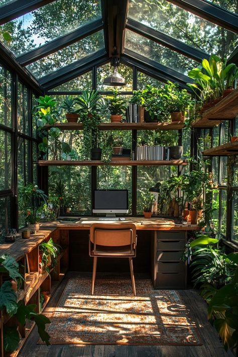 Sunlit Conservatory Office Greenhouse Study Room, Indoor Garden Working Space, Conservatory Study Room, Sunroom With Office Space, Conservatory Home Office, Nature Office Aesthetic, Office Garden Indoor, Greenhouse Office Space, Garden Office Interior Ideas