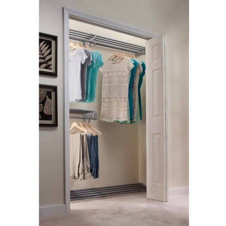 EZ Shelf 18' Closet Organizer Kit, Up to 18.4' Hanging and Shelf Space, Silver Closet With Double Rods, Closet With 2 Rods, Closet With Two Rods, Homemade Closet Ideas, Closet Rod Ideas, Small Closet Design Ideas, Tiny Closet Organization Ideas, Tiny Closet Makeover, Double Rod Closet