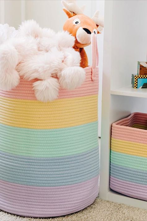 Rainbow Storage Basket, Rainbow Basket, Rope Storage Basket, Kids Toy Storage, Kids Room Accessories, Colorful Room, Colorful Room Decor, Playroom Classroom, Rope Storage