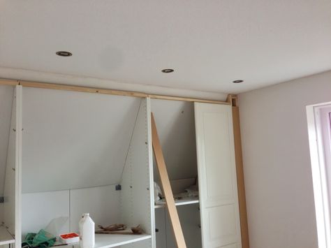 Built In Closet Walls angled ceiling | IKEA Hackers: Pax Built-in for sloping ceiling Ikea Fitted Wardrobes, Sloped Ceiling Closet, Sloped Ceiling Bedroom, Ceilings Ideas, Ikea Closet Hack, Sloping Ceiling, Pax Closet, Kids Bedroom Remodel, Angled Ceiling