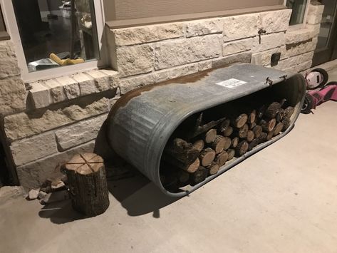 Water trough firewood rack. From cooling cows, to heating house Firewood Ideas, House Heating, Water Trough, Firewood Rack, Upcycle Recycle, House Projects, Wood Storage, Water Tank, Fire Pit