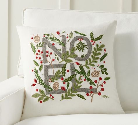 Green White Gold Christmas, Pottery Barn Christmas Decor, White Gold Christmas, Pottery Barn Christmas, French Knot Embroidery, Holiday Greenery, Christmas Cushion, Bird Pillow, Faux Fur Pillow