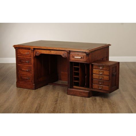 High Quality Antique Late 19th Century Oak Pedestal Writing Desk with Dovetailed Drawers, Swing Out File Storage, and Naugahyde Surface Dark Academia Furniture, Antique Office Decor, Architect Desk, Gothic Desk, Retro Objects, Victorian Desk, Floor Desk, Antique Writing Desk, Vintage Drawer