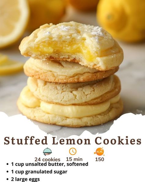 Recipestep | 🍋🍪 Stuffed Lemon Cookies | Facebook Lemon Stuffed Cookies, Stuffed Lemon Cookies, Stuffed Cookies, Lemon Cookies Recipes, Lemon Cookies, Sandwich Cookies, Cookies Ingredients, Lemon Lime, Unsalted Butter