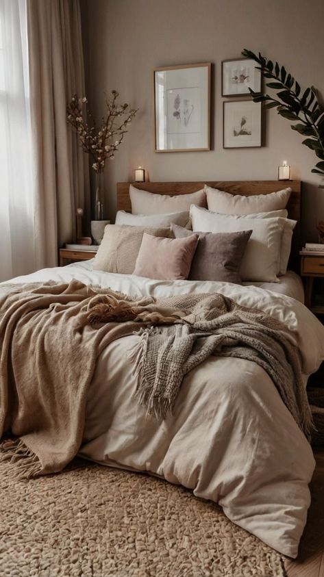 Modern But Cozy Bedroom, Small Bedroom Ideas Furniture, Sand Colored Bedding, Make The Bed Aesthetic, Minimalist Academia Bedroom, Bedroom Modern Cozy, Cosy Master Bedrooms Decor, Modern Comfy Bedroom, Warm And Cozy Bedroom Ideas