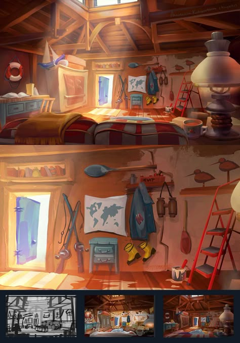 Fisherman House, Interior Concept Art, Camper Art, House Cartoon, Bg Design, Digital Painting Techniques, Book Illustration Art, Interior Concept, Cartoon Background