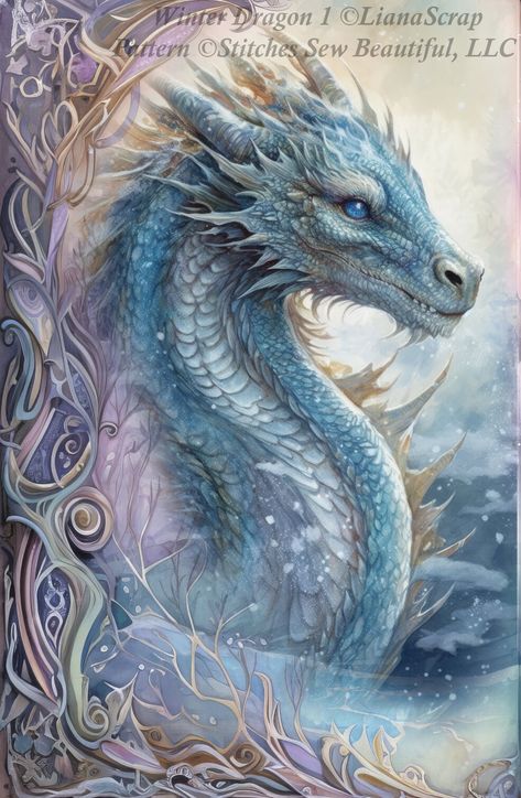 "Winter Dragon 1" full coverage counted cross stitch pattern. Art ©LianaScrap. Pattern ©Stitches Sew Beautiful, LLC 2024. Stitch count: 265 x 400. 90 DMC colors used. Patterns created with full license and/or permission of the orignal artist. This chart has been tested and verified to work with Pattern Keeper by the designer. We are not affiliated with Pattern Keeper. Cool Dragon Pictures, Winter Dragon, Fantasy Dragon Art, Earth Day Drawing, Dragon Artwork Fantasy, Cool Dragons, Female Dragon, Fairy Dragon, Beautiful Dragon