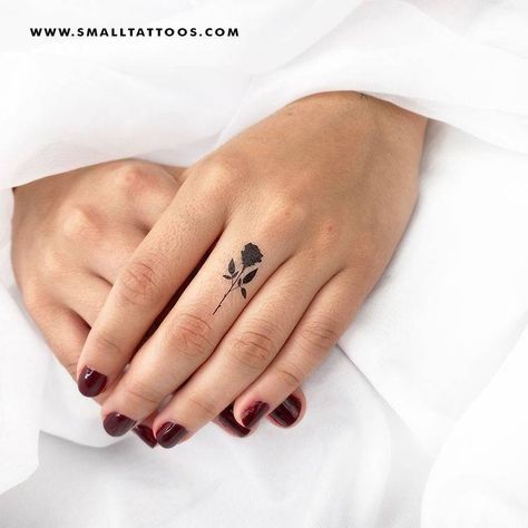 Small All Black Tattoos, Small Black Rose Tattoo, Tatoo Rose, Side Finger Tattoos, Small Black Tattoos, Blackwork Rose, Flower Finger Tattoos, Blue Flower Tattoos, Finger Rose Tattoo