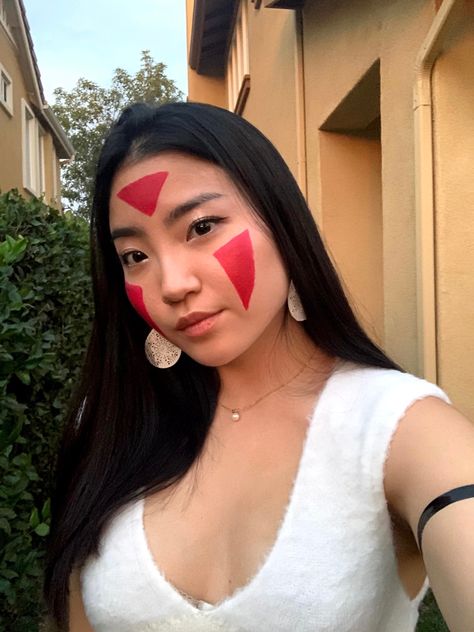 Red face paint do it yourself diy halloween costume white furry top glossy makeup Studio Ghibli Halloween Costumes, Ghibli Halloween Costumes, Studio Ghibli Costume, Ghibli Costume, Studio Ghibli Halloween, Studio Ghibli Cosplay, Ghibli Halloween, Totoro Costume, Ghibli Cosplay