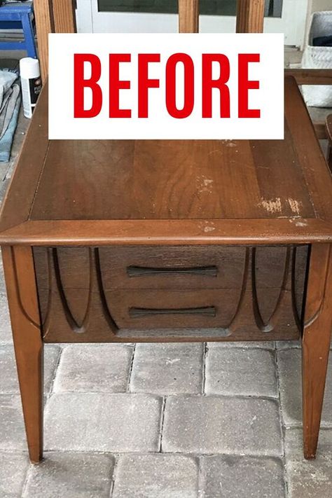 Refurbished End Tables Living Room, Painted Side Tables Living Room, Refurbish Side Table, Side Table Upcycle Diy Projects, End Table Upcycle Ideas, Refinishing Side Table, Mid Century Modern End Table Makeover, Painted Side Tables Ideas, Mcm End Table Makeover