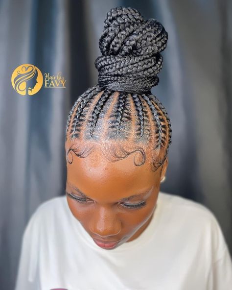 Stitch Braids High Bun Updo Stitch Braids With High Bun, Stitch Braid High Bun, Braided Top Bun For Black Women, Feed In Braids High Bun, Feed In Braids Into High Bun, Braided Cornrow Hairstyles Black Women Bun Updo, Feedin Braids Bun, Braids In A Bun Black Women, Updo Braids For Black Hair High Bun