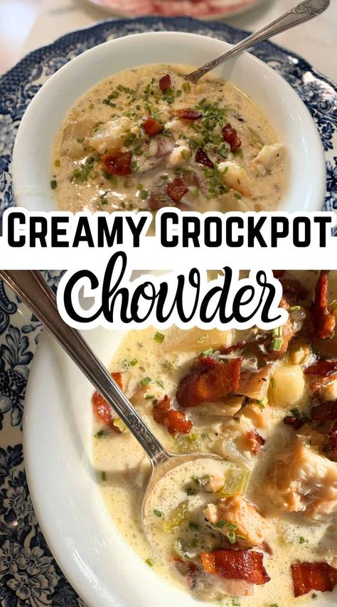 This easy recipe makes the best creamy fish chowder in 3 simple steps: prep, cook, and finishing touches! Perfect for busy weeknight dinners and chilly fall dinners! #crockpotmeals