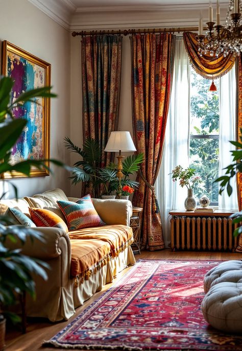 Boho Bedroom Curtain Ideas Sari Curtains Ideas, Boho Living Room Curtains, Boho Drapes, Boho Curtains Living Room, Ethnic Bedroom, Sari Curtains, Arranging Furniture, Boho Bedrooms, Indian Curtains