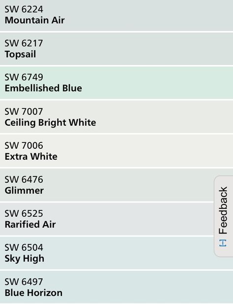 Colors similar to SW Snowdrop, which was Color Snap’s match to my sample piece of baseboard/trim. Sw Sky High, Sw Snowdrop, Beach Paint Colors, Beach House Colors, Blue Gray Paint Colors, Haint Blue, House Wear, Baseboard Trim, House Colours