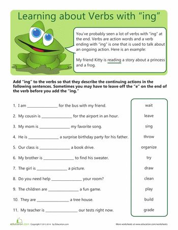 2nd grade Worksheets: Verbs with "-ing" Progressive Verbs Worksheet, Ing Worksheets First Grade, Verb Ing Worksheet, Action Words Worksheet, Present Progressive Tense, Progressive Verbs, Past Tense Worksheet, Teaching Verbs, Present Progressive