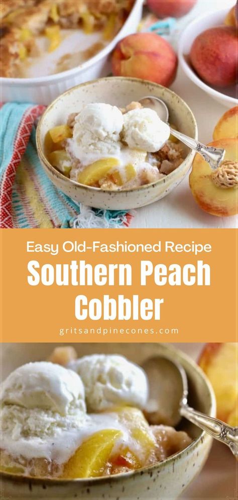 What is better than a homemade peach cobbler? This southern staple is made with fresh peaches topped with the perfect buttery crust topping. Served with a scoop of vanilla ice cream this southern peach cobbler recipe will be your family's favorite dessert this summer! Cobbler With Fresh Peaches, Peach Cobbler With Fresh Peaches, Good Peach Cobbler Recipe, Crockpot Peach Cobbler, Old Fashioned Peach Cobbler, Best Peach Cobbler, Tasty Peach, Homemade Peach Cobbler, Southern Peach Cobbler