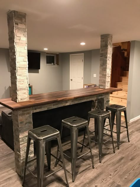 Bar With Post, Mini Bar In Basement Ideas, Basement Bar Around Support Beam, Small Basement Bar Ideas Farmhouse, Basement Support Pole Ideas Bar, Basement Bar Between Columns, Bar Between Basement Poles, Basement Bar Between Support Beams, Basement With Poles In Middle