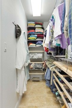 Long Narrow Closet, Narrow Closet Organization, Small Clothes Closet Organization, Narrow Walk In Closet, Small Clothes Closet, Bathroom Closet Designs, Small Closet Design, Narrow Closet, Organizing Walk In Closet