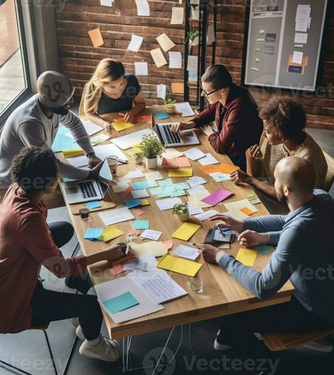 AI Generative Multiethnic creative team working together meeting and brainstorming on table in workplace Startup diversity teamwork brainstorming meeting with post it notes on desk concept