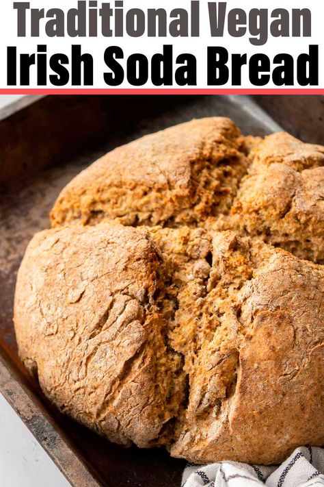 This easy traditional Irish soda bread recipe is vegan, with no raisins or fruit, just homemade divine savory dairy-free soda bread. Baking vegan food can be intimidating but this recipe is suitable for even novices! It bakes up in 35 minutes and requires no rising or proofing time for the dough. Crusty delicious bread with that unmistakable quickbread flavour, perfect for St. Patrick's Day or any day! Make it today and wow your family or guests with your breadmaking skills! Egg Free Bread Recipe, Apple Cinnamon Scones Recipe, Dairy Free Bread, Baking Vegan, Traditional Irish Soda Bread, Soda Bread Recipe, Rye Bread Recipes, Irish Soda Bread Recipe, Irish Breakfast