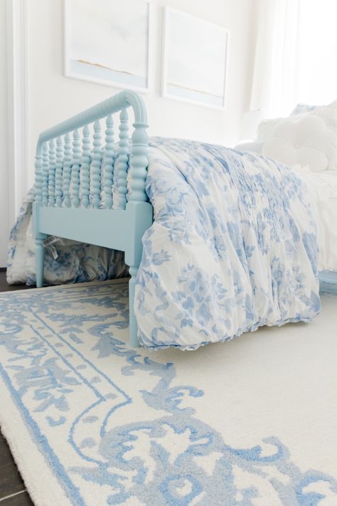 I styled this bedroom with @pbteen x @loveshackfancy for two of my daughters knowing that they would create a lifetime of memories here. Follow @JennyReimold on IG for more design ideas. #blueroom #girlsbedroom #teenbedroom #teenroom #potterybarnteenroom #preppybedroom #preppy #loveshackfancy #roomgoals Blue Loveshackfancy Room, Coastal Grand Daughter Bedroom, Blue Costal Bedroom, Preppy Bed Frames, Preppy Blue Aesthetic, Love Shack Fancy Bedding, Loveshackfancy Aesthetic Bedroom, Loveshack Fancy Bedroom, Preppy Comforter