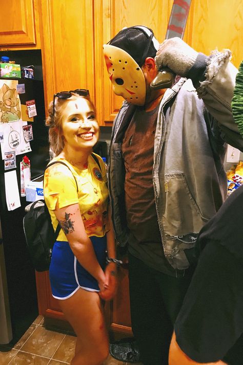 Jason And Camp Counselor Costume, Crystal Lake Counselor Costume, Camp Crystal Lake Counselor Costume, Jason Voorhees Halloween Costume, Camp Crystal Lake Counselor, Halloween Decorations Diy, Horror Halloween Costumes, Diy Couples Costumes, Camp Crystal Lake