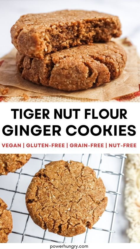 Tiger Nut Flour Ginger Cookies! These easy, crisp-tender cookies are vegan, grain-free, nut-free, gluten-free, and Paleo,#tigernut #tigernutflour #tigernutflourcookies #vegan #eggfree #nutfree #dairyfree #easy #easyrecipe #paleo #paleocookies #grainfreevegancookies #grainfree #glutenfree #cleaneating #cleaneats #vegantigernutflour #allergenfreecookies #nutfreegrainfreecookies Tigernut Flour Cookies, Tigernut Recipes, Vegan Ginger Cookies, Vegan Ginger Molasses Cookies, Tigernut Flour Recipes, Aip Sweets, Aip Cookies, Aip Treats, Aip Snack